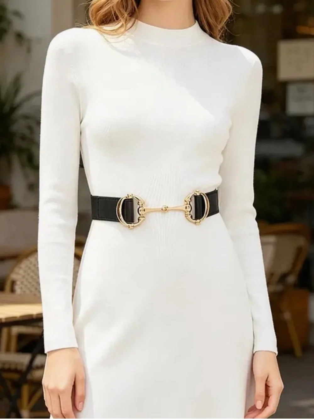 Gold Horsebit Black Elastic Waist Belt - Women's Accessory